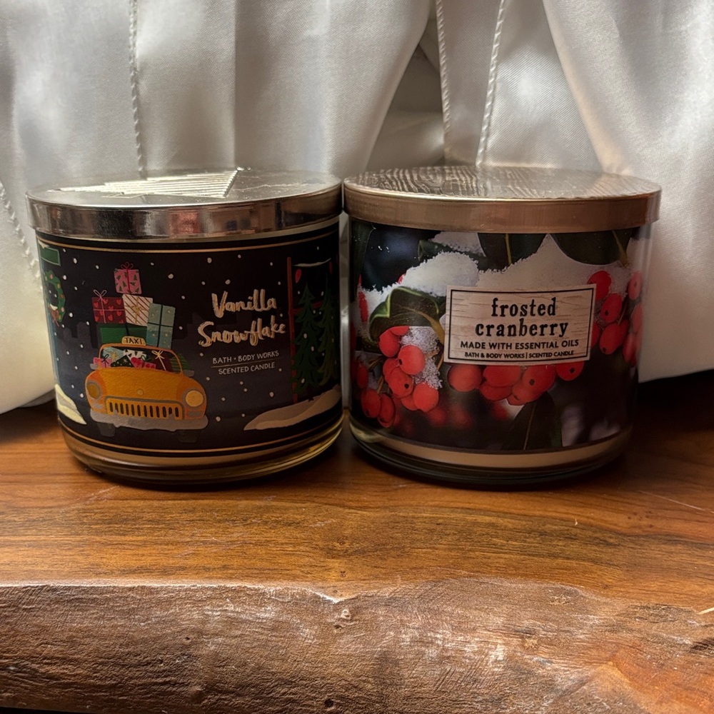 Bath & Body Works Vanilla Snowflake and Frosted Cranberry 3-wick Candles